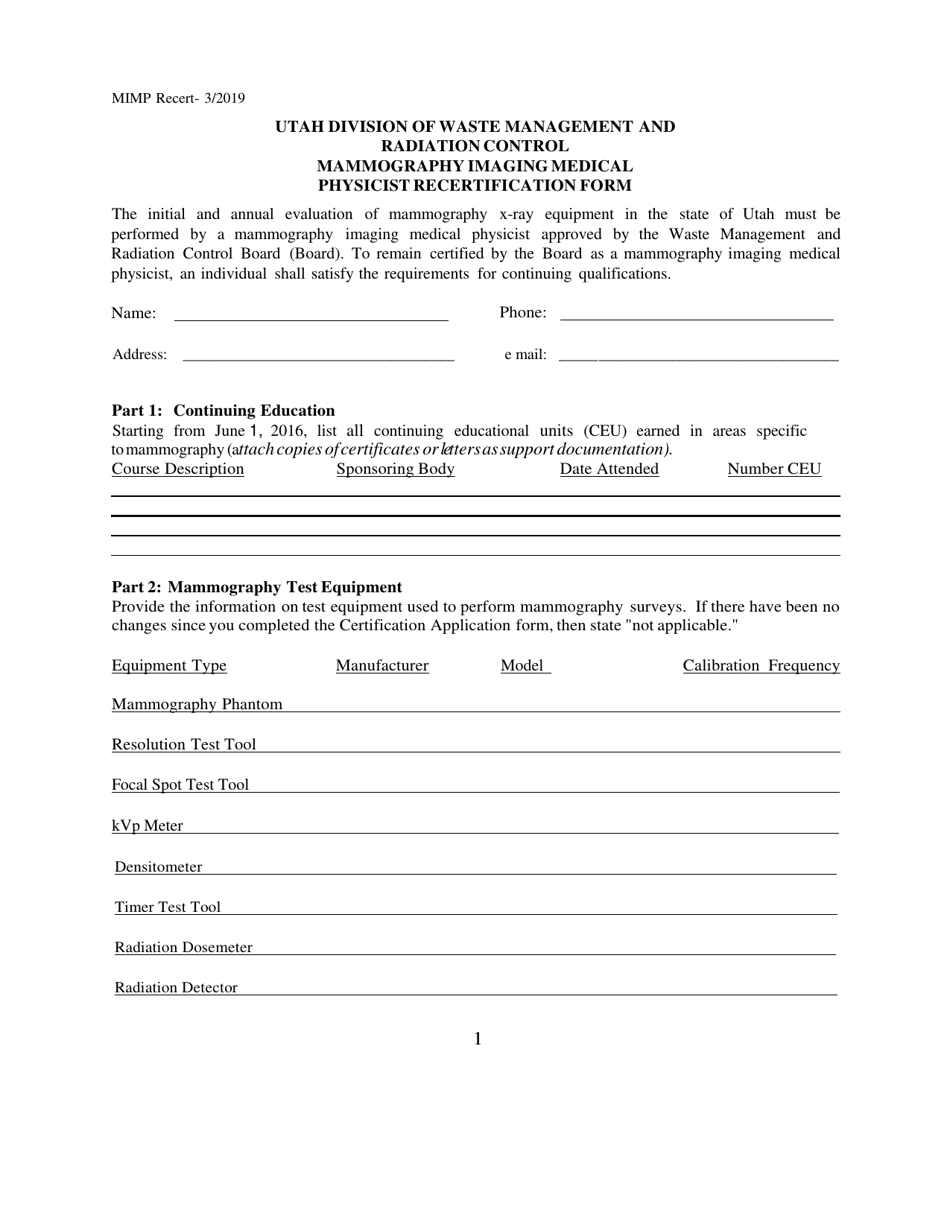 Mammography Imaging Medical Physicist Recertification Form - Utah, Page 1