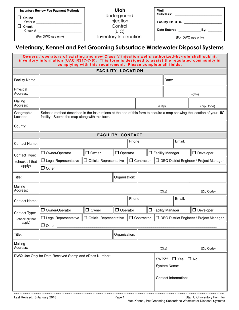 Utah Underground Injection Control Inventory Information Form for Veterinary, Kennel and Pet Grooming Subsurface Wastewater Disposal Systems - Utah, Page 1