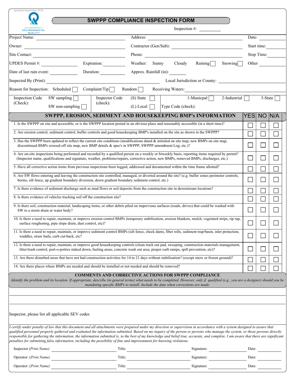 Swppp Compliance Inspection Form - Utah, Page 1