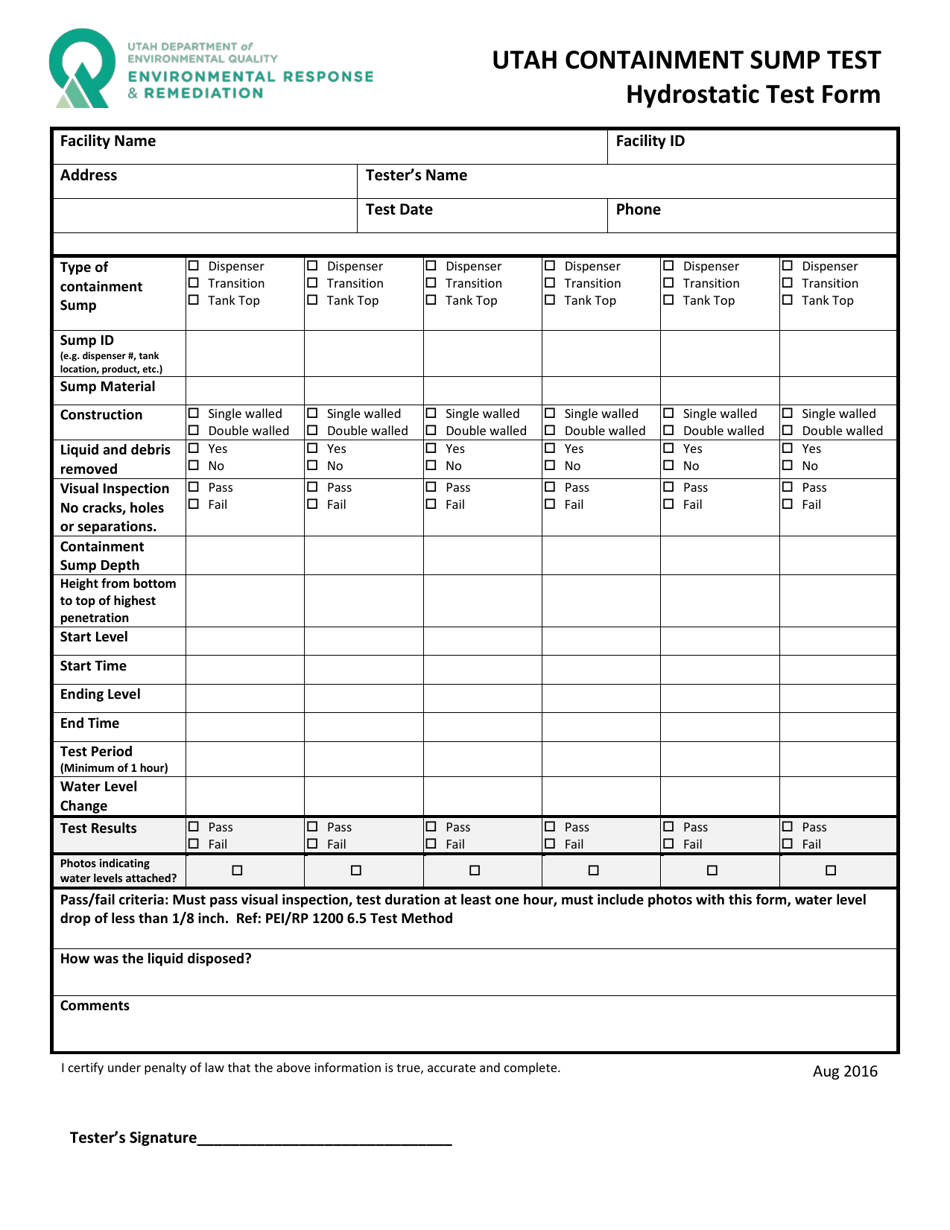 Utah Containment Sump Test - Hydrostatic Test Form - Utah, Page 1