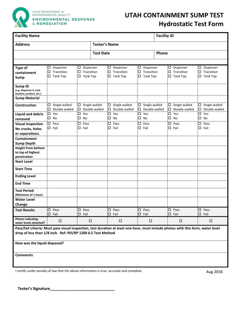 Utah Containment Sump Test - Hydrostatic Test Form - Utah