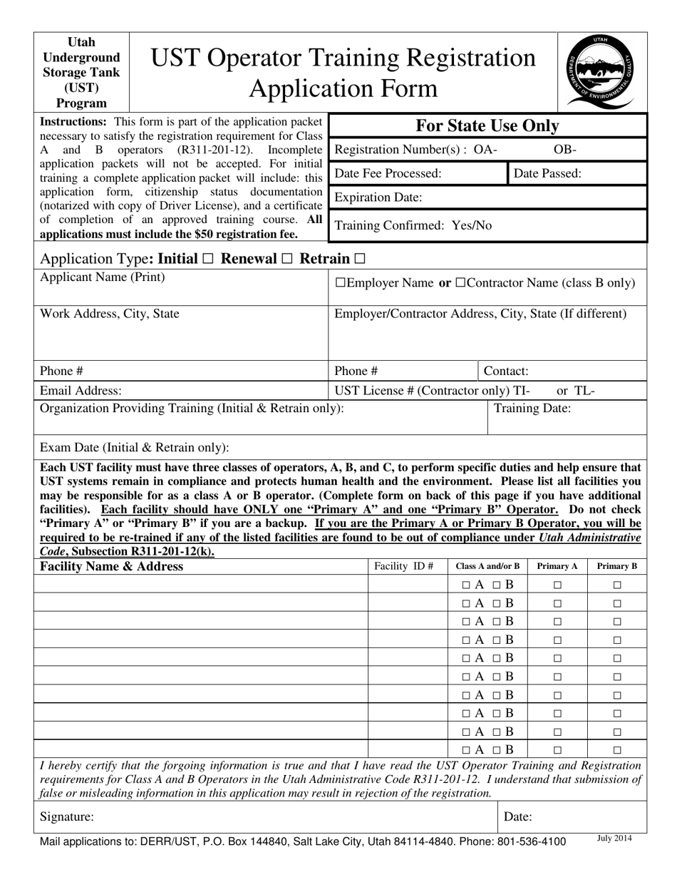 Ust Operator Training Registration Application Form - Utah, Page 1