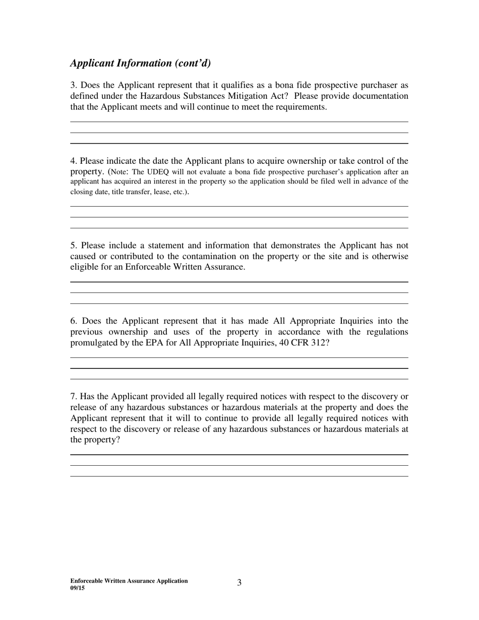 Enforceable Written Assurance Application - Bona Fide Prospective Purchaser - Utah, Page 3