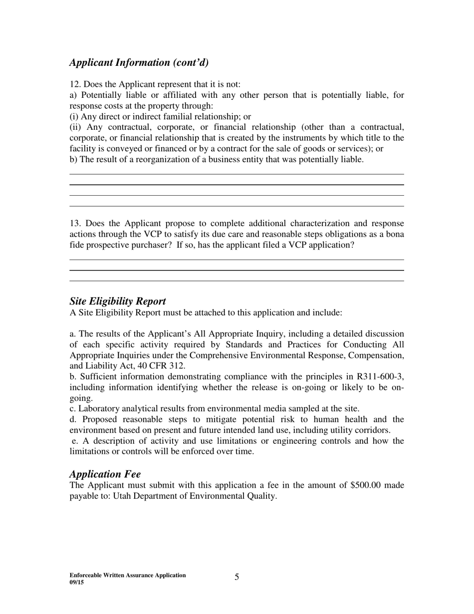 Enforceable Written Assurance Application - Bona Fide Prospective Purchaser - Utah, Page 5