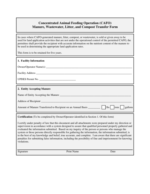 Concentrated Animal Feeding Operation (Cafo) Manure, Wastewater, Litter, and Compost Transfer Form - Utah Download Pdf