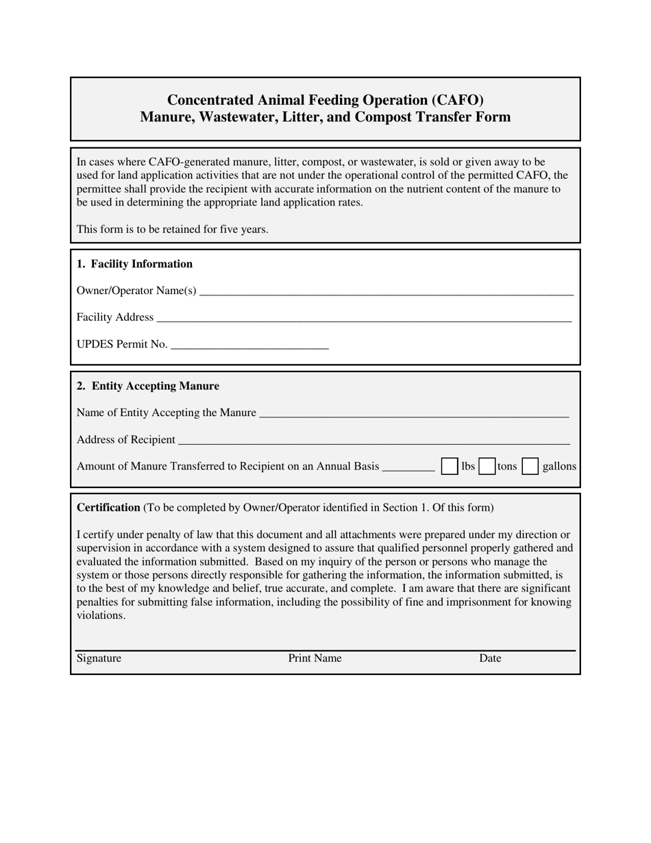 Concentrated Animal Feeding Operation (Cafo) Manure, Wastewater, Litter, and Compost Transfer Form - Utah, Page 1
