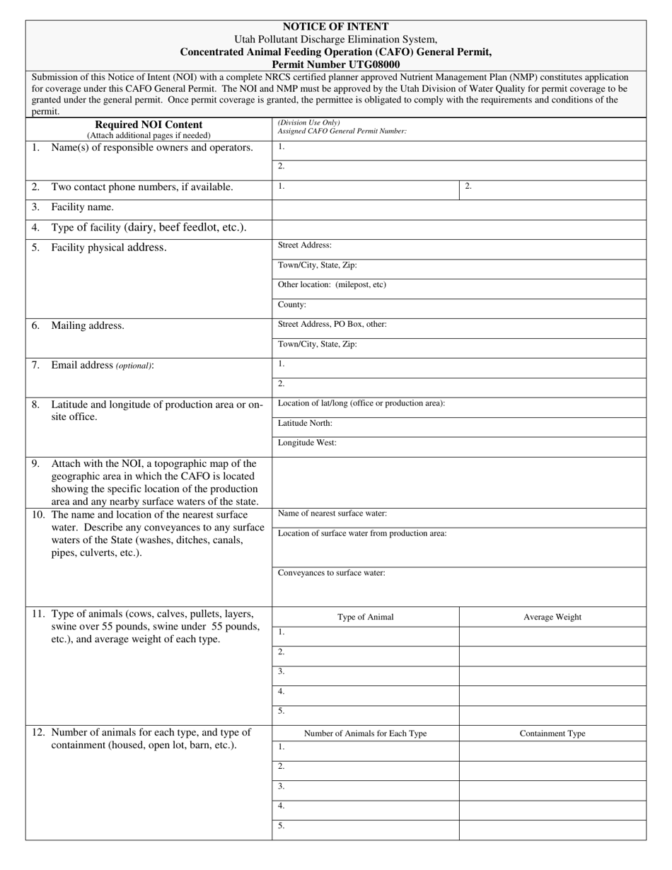 Notice of Intent - Concentrated Animal Feeding Operation (Cafo) General Permit - Utah, Page 1