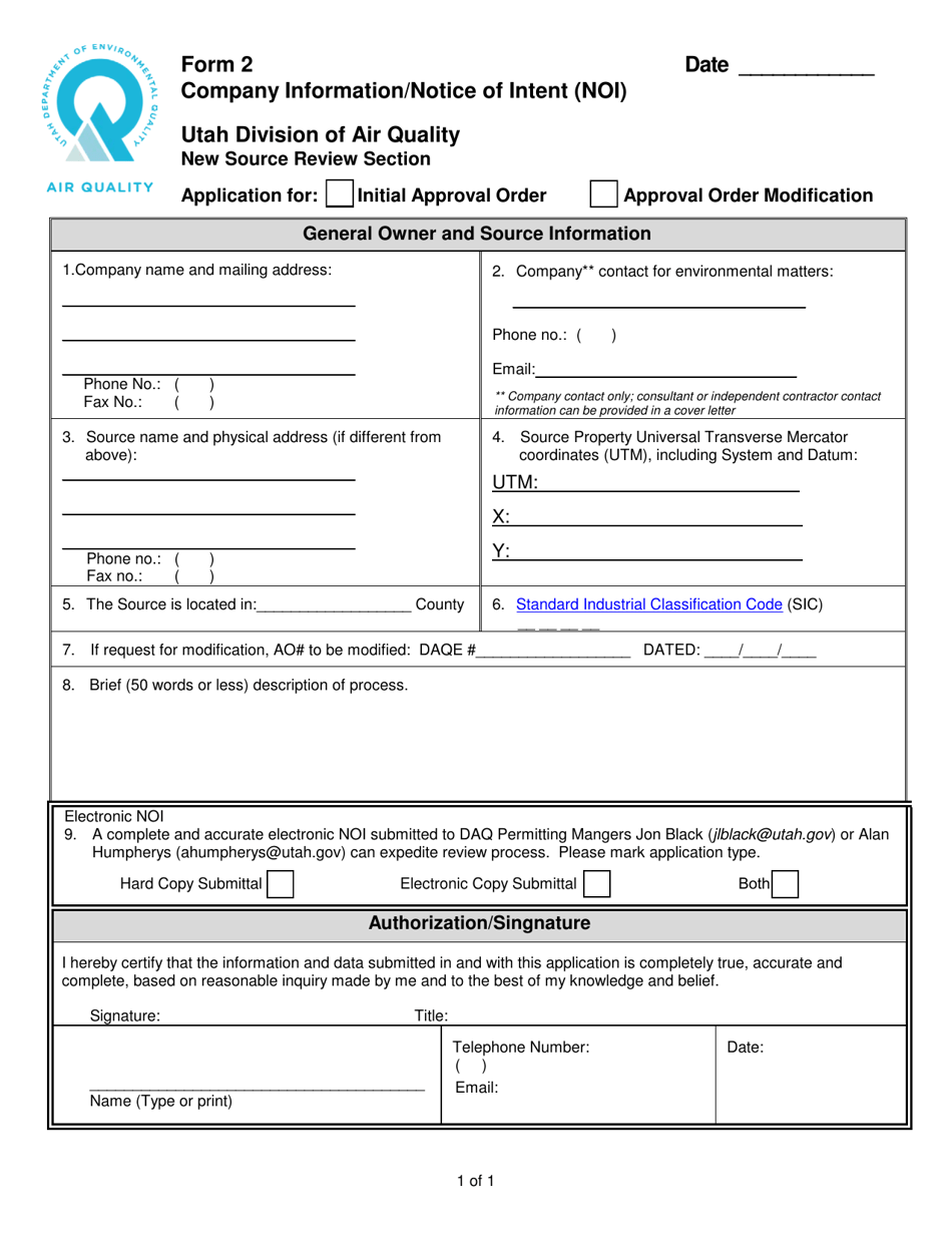 Form 2 Company Information - Utah, Page 1