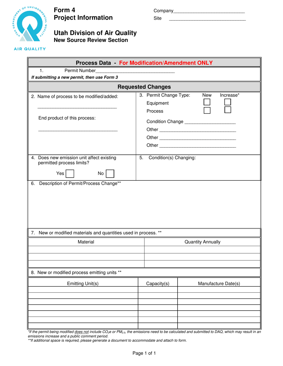 Form 4 Download Fillable PDF or Fill Online Project Information Utah Templateroller