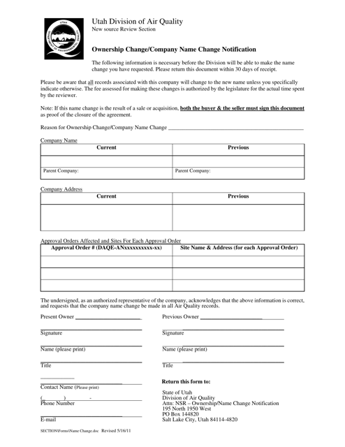 Ownership Change / Company Name Change Notification Form - Utah Download Pdf