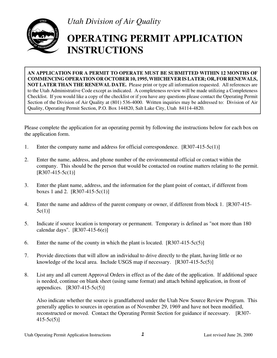 Instructions for Title V Operating Permit Application - Utah, Page 1