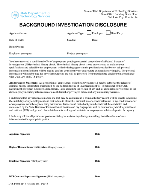 Form DTS214 Background Investigation Disclosure - Utah