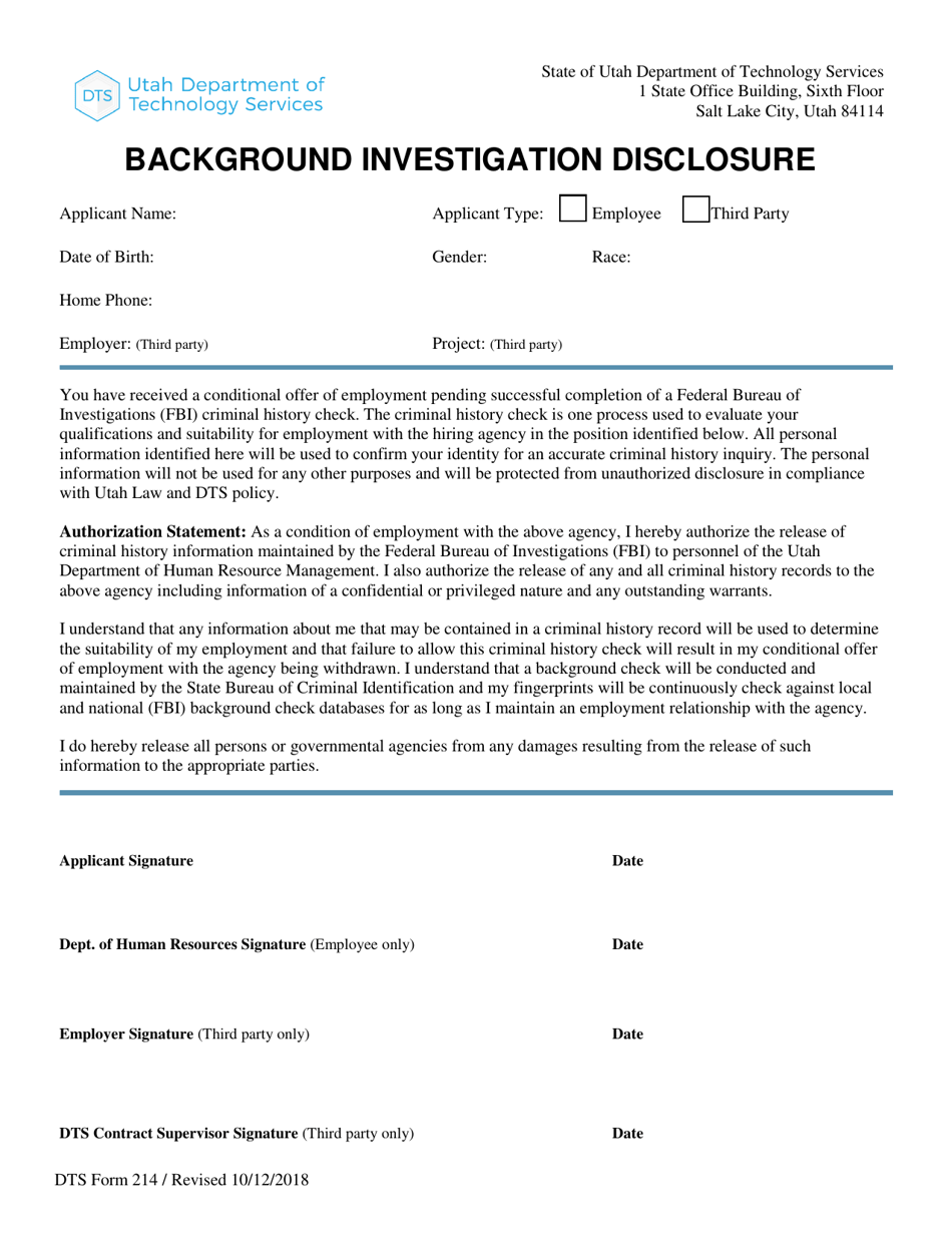 Form DTS214 Background Investigation Disclosure - Utah, Page 1