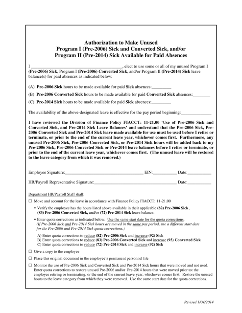 Authorization to Make Unused Program I (Pre-2006) Sick and Converted Sick, and / or Program II (Pre-2014) Sick Available for Paid Absences - Utah Download Pdf