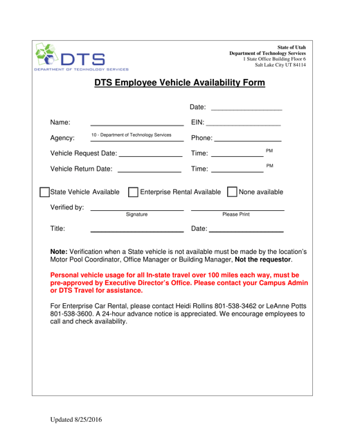 Dts Employee Vehicle Availability Form - Utah