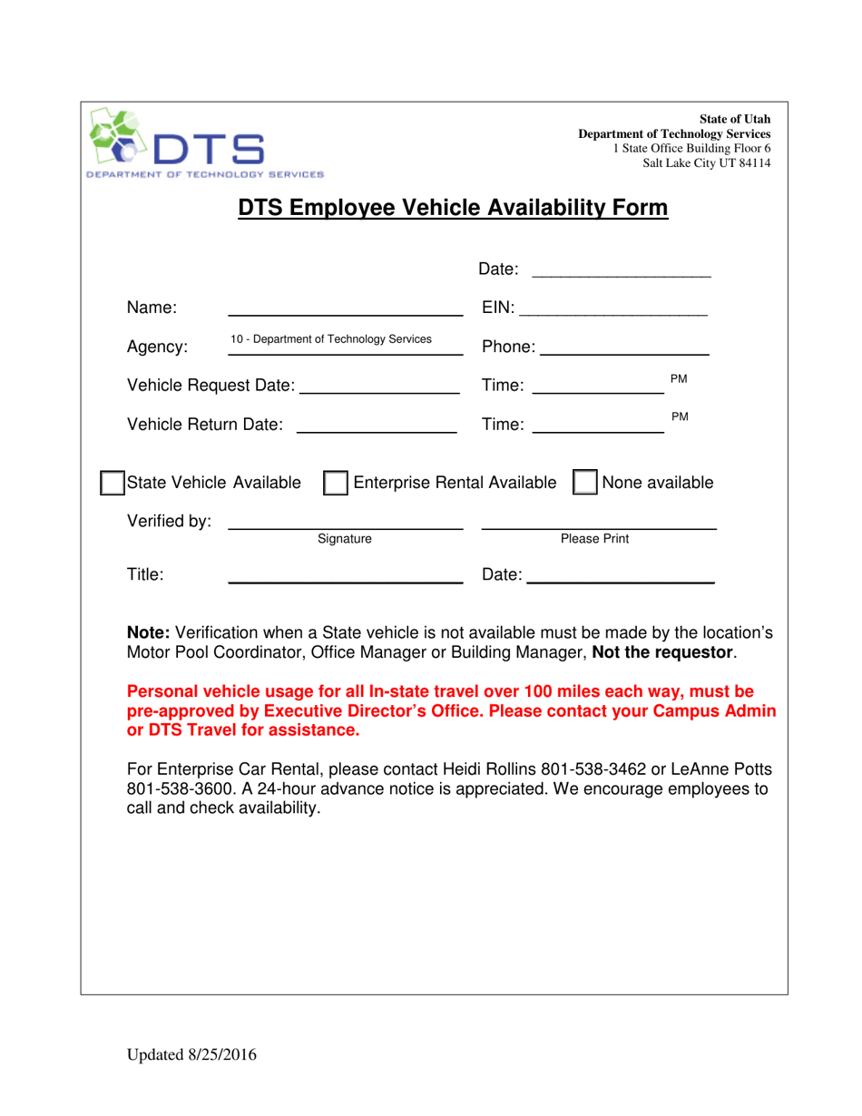 Dts Employee Vehicle Availability Form - Utah, Page 1