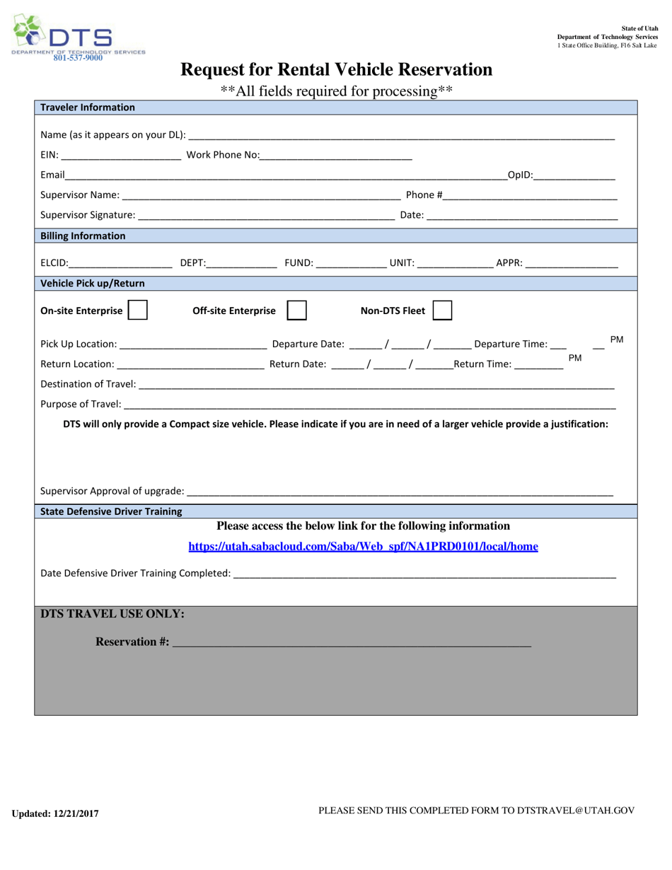 Request for Rental Vehicle Reservation - Utah, Page 1