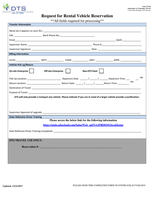 Request for Rental Vehicle Reservation - Utah