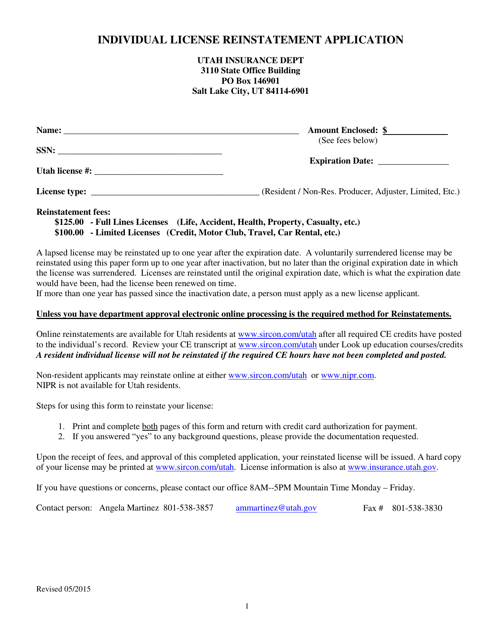 Individual License Reinstatement Application - Utah Download Pdf