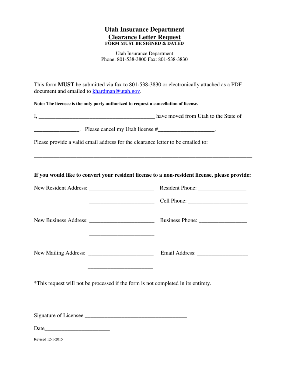 Clearance Letter Request Form - Utah, Page 1