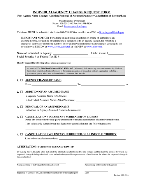 Individual / Agency Change Request Form - Utah Download Pdf