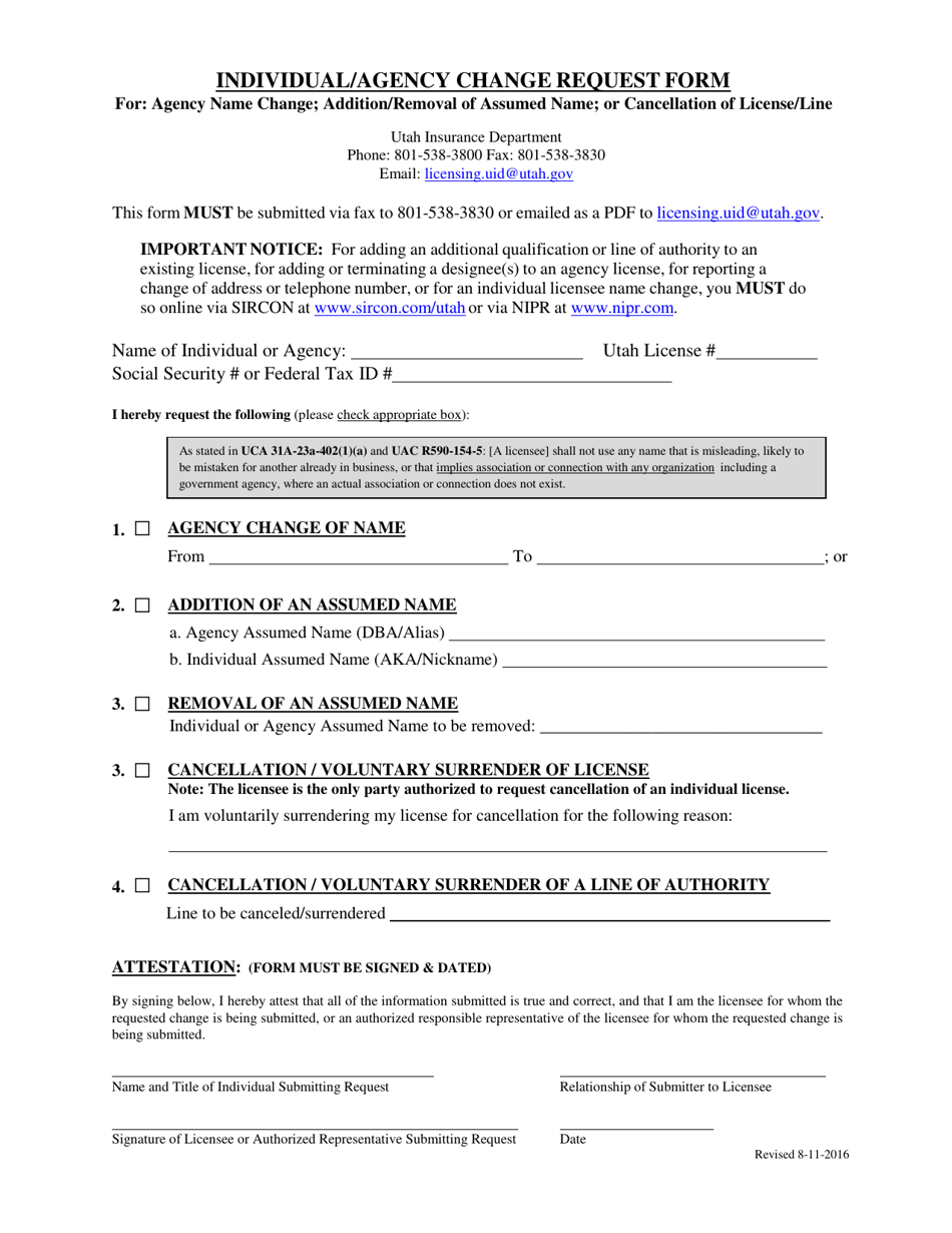 Individual / Agency Change Request Form - Utah, Page 1