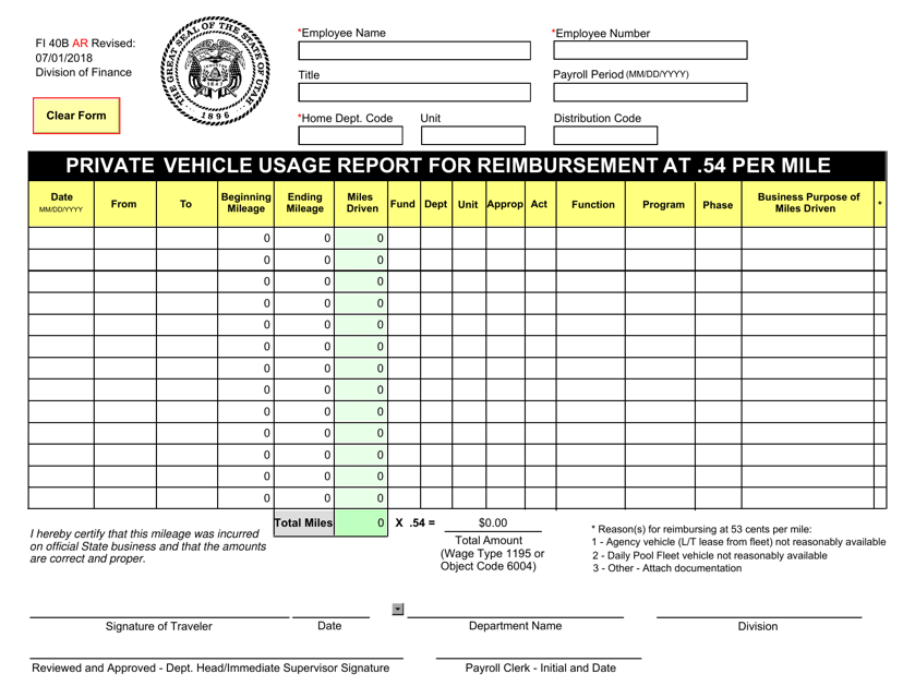 Form FI40B AR Private Vehicle Usage Report for Reimbursement at .54 Per Mile - Utah