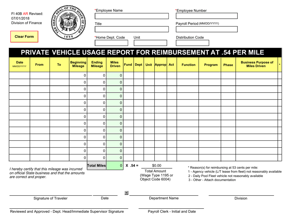Form FI40B AR Private Vehicle Usage Report for Reimbursement at .54 Per Mile - Utah, Page 1