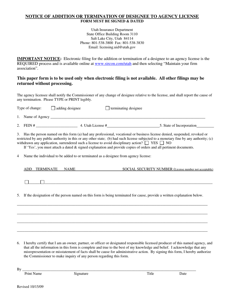 Notice of Addition or Termination of Designee to Agency License - Utah, Page 1