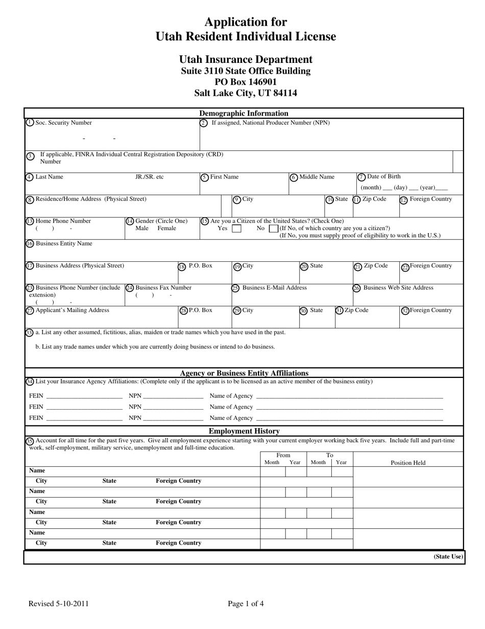 Application for Utah Resident Individual License - Utah, Page 1