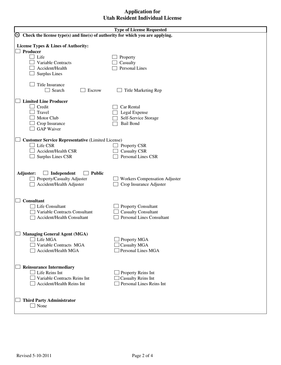 Application for Utah Resident Individual License - Utah, Page 2