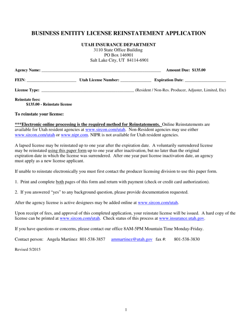 Business Enitity License Reinstatement Application Form - Utah