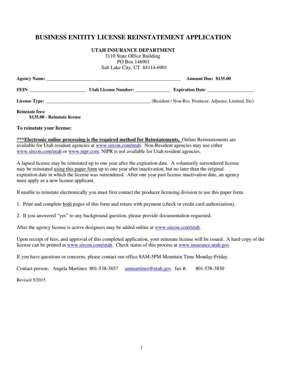 Business Enitity License Reinstatement Application Form - Utah, Page 1