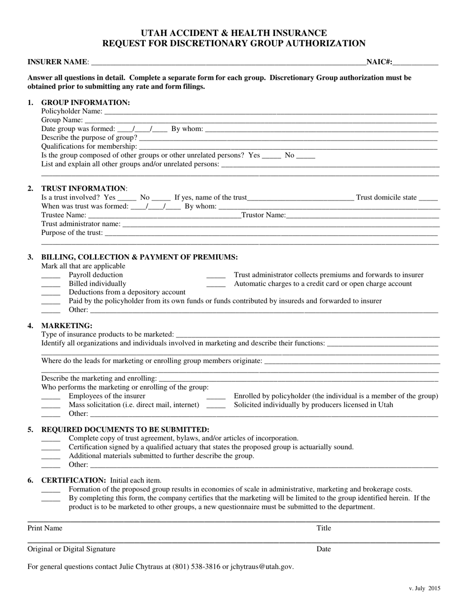 Request for Discretionary Group Authorization - Utah, Page 1