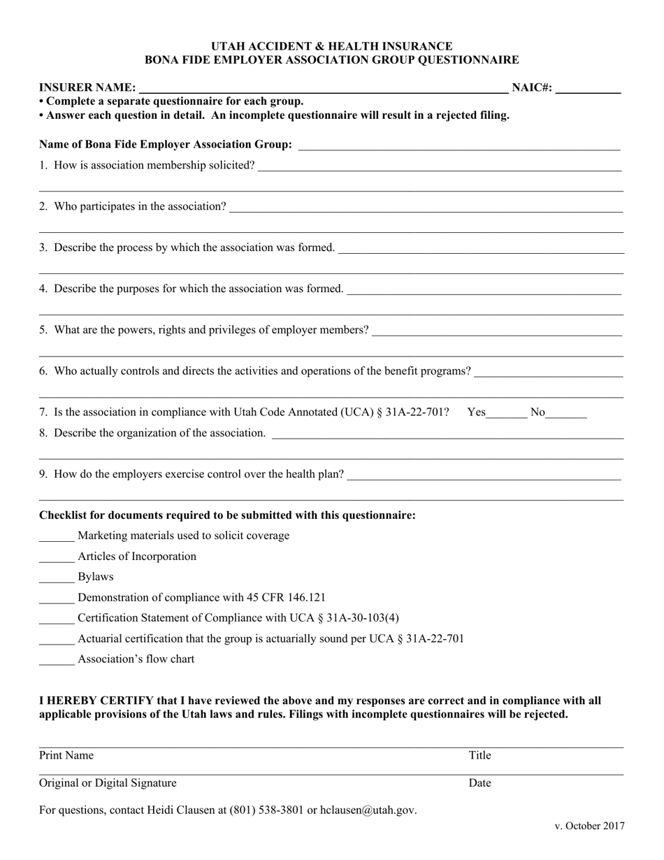 Accident  Health Insurance Bona Fide Employer Association Group Questionnaire - Utah, Page 1
