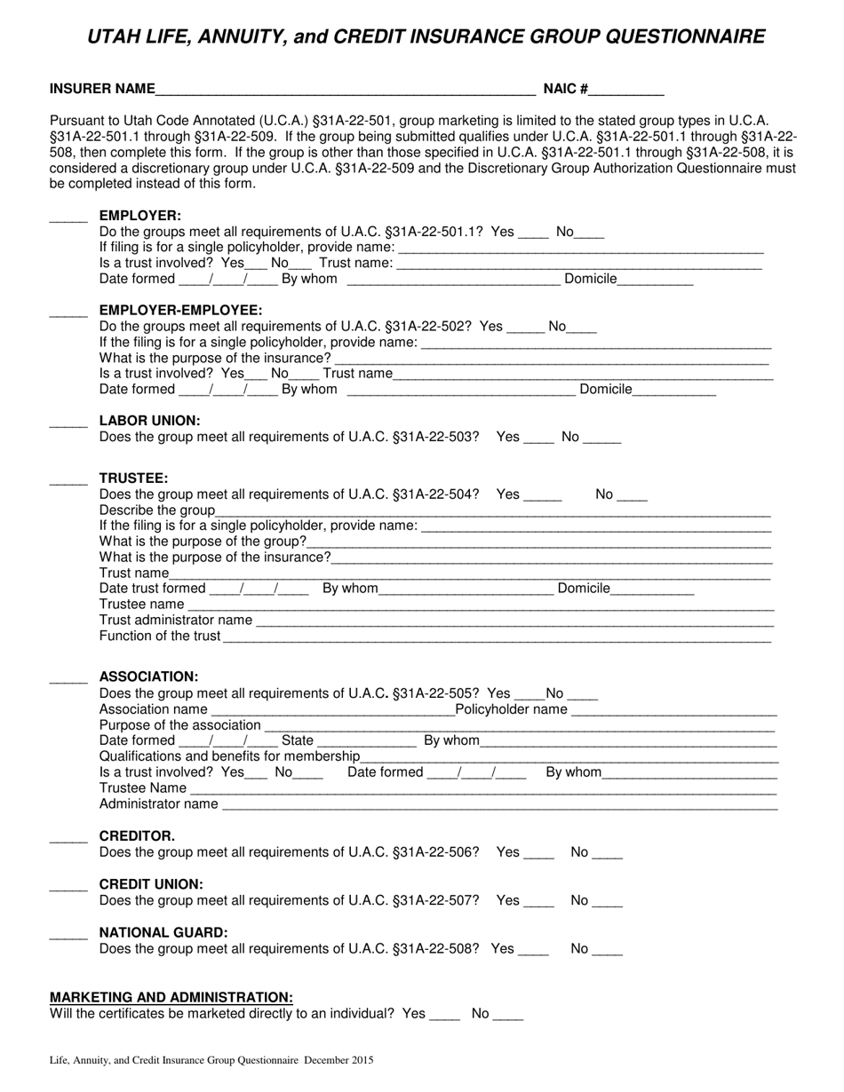 Utah Life, Annuity, and Credit Insurance Group Questionnaire - Utah, Page 1