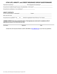 Utah Life, Annuity, and Credit Insurance Group Questionnaire - Utah, Page 2