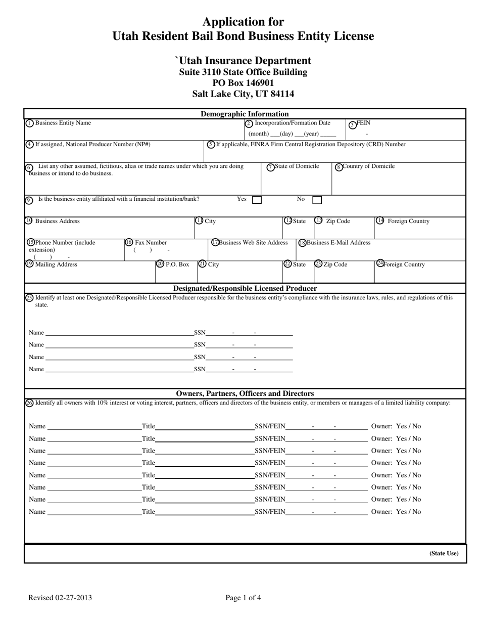 Application for Utah Resident Bail Bond Business Entity License - Utah, Page 1