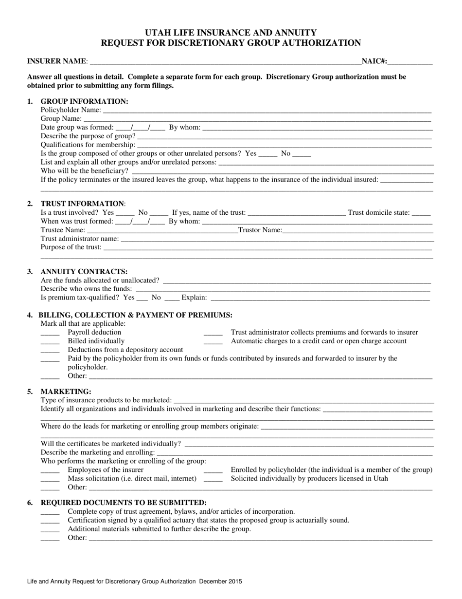 Life and Annuity Request for Discretionary Group Authorization - Utah, Page 1