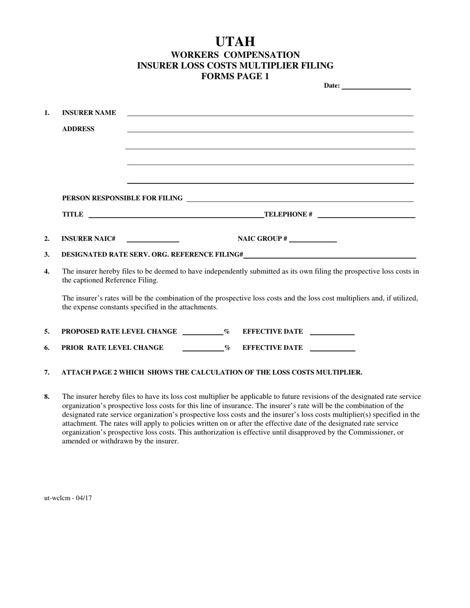 Utah Workers Compensation Loss Cost Multiplier Filing Form Fill Out