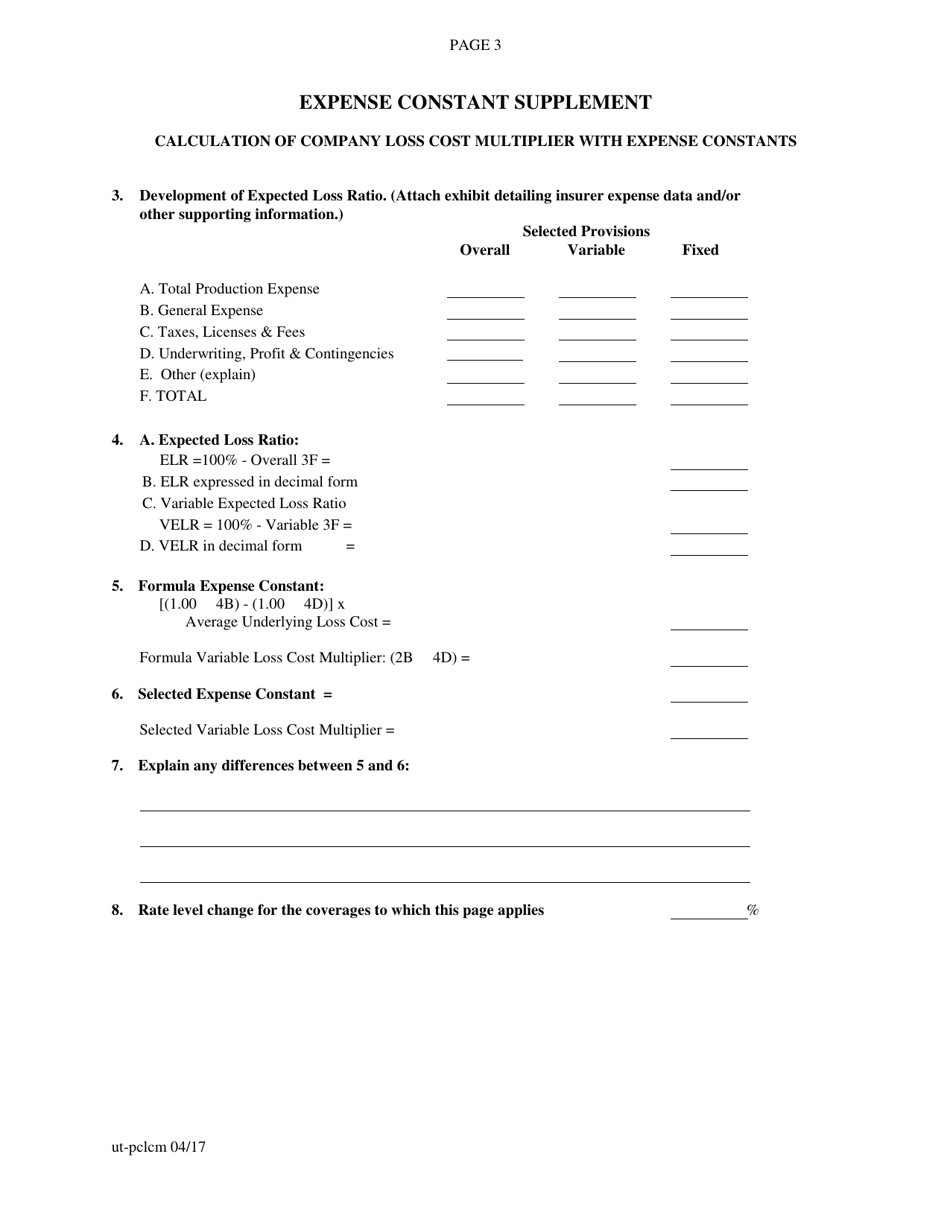 Utah Insurer Loss Cost Multiplier Filing Form - Utah, Page 3