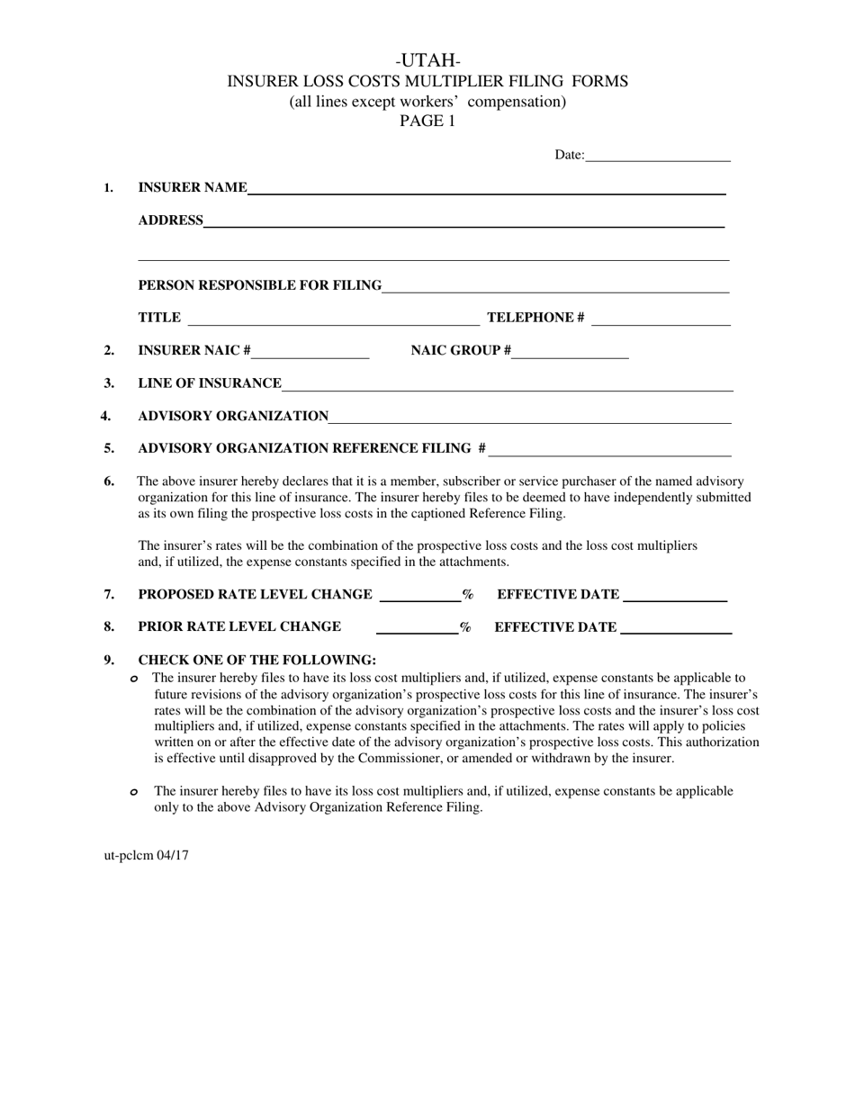 Utah Utah Insurer Loss Cost Multiplier Filing Form Download Printable