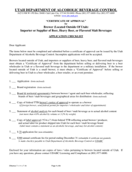 Certificate of Approval Application for a Brewer (Located Outside of Utah), or Importer or Supplier of Beer, Heavy Beer, or Flavored Malt Beverages - Utah