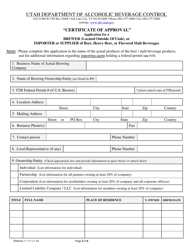 Certificate of Approval Application for a Brewer (Located Outside of Utah), or Importer or Supplier of Beer, Heavy Beer, or Flavored Malt Beverages - Utah, Page 2