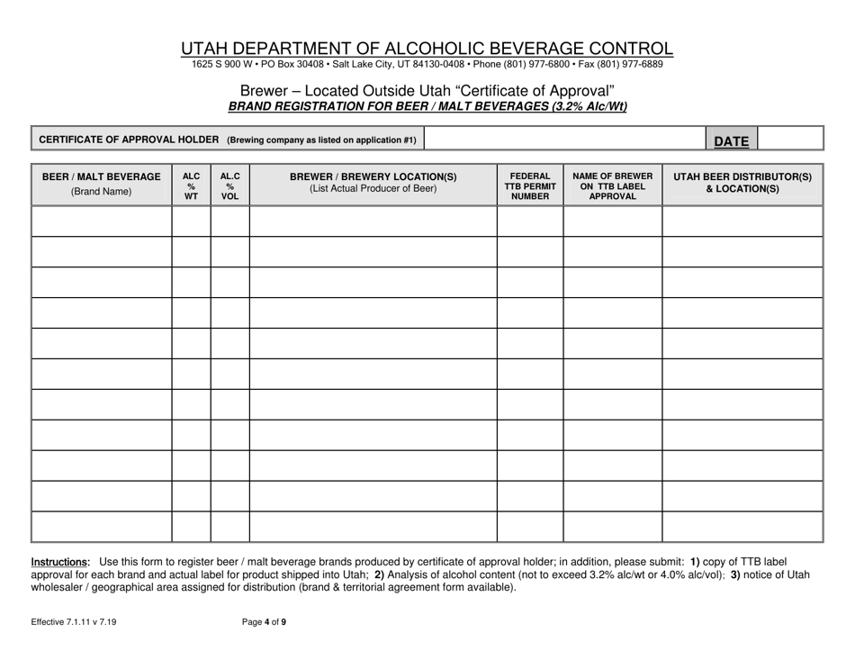 Certificate of Approval Application for a Brewer (Located Outside of Utah), or Importer or Supplier of Beer, Heavy Beer, or Flavored Malt Beverages - Utah, Page 4