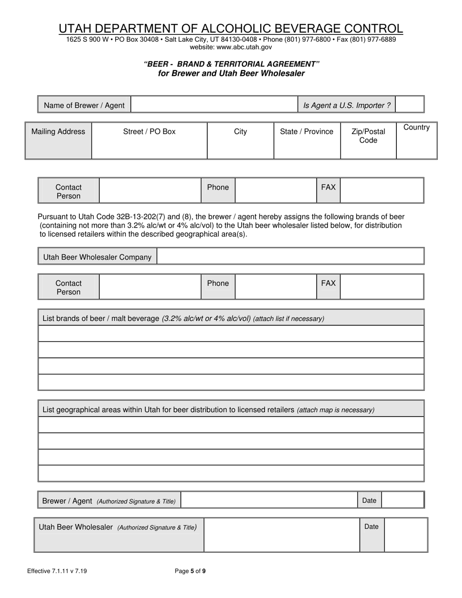 Certificate of Approval Application for a Brewer (Located Outside of Utah), or Importer or Supplier of Beer, Heavy Beer, or Flavored Malt Beverages - Utah, Page 5
