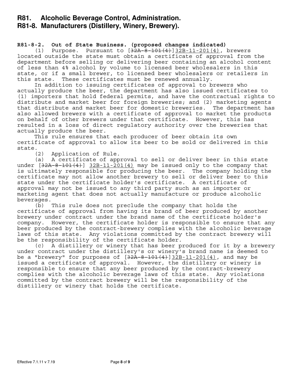 Certificate of Approval Application for a Brewer (Located Outside of Utah), or Importer or Supplier of Beer, Heavy Beer, or Flavored Malt Beverages - Utah, Page 8