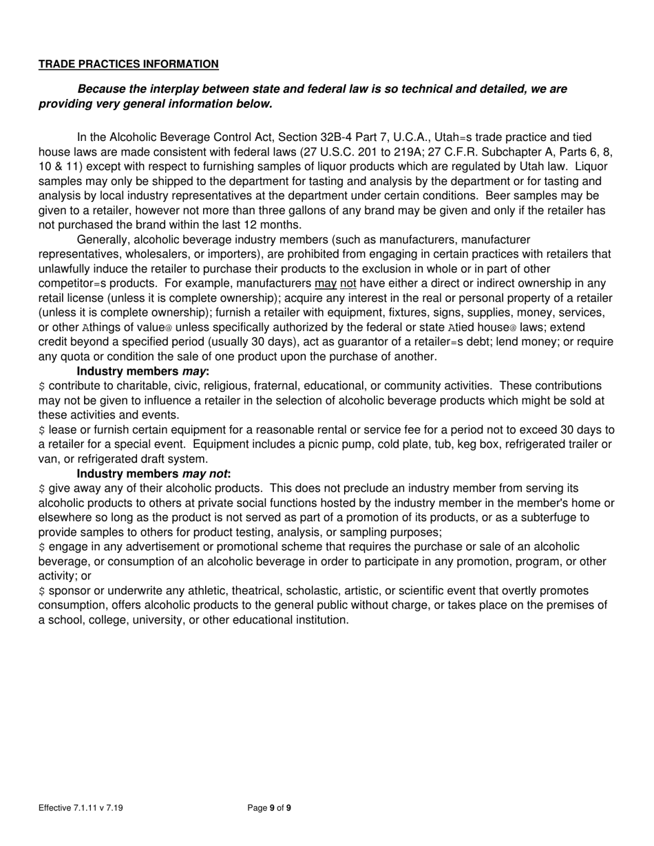 Certificate of Approval Application for a Brewer (Located Outside of Utah), or Importer or Supplier of Beer, Heavy Beer, or Flavored Malt Beverages - Utah, Page 9