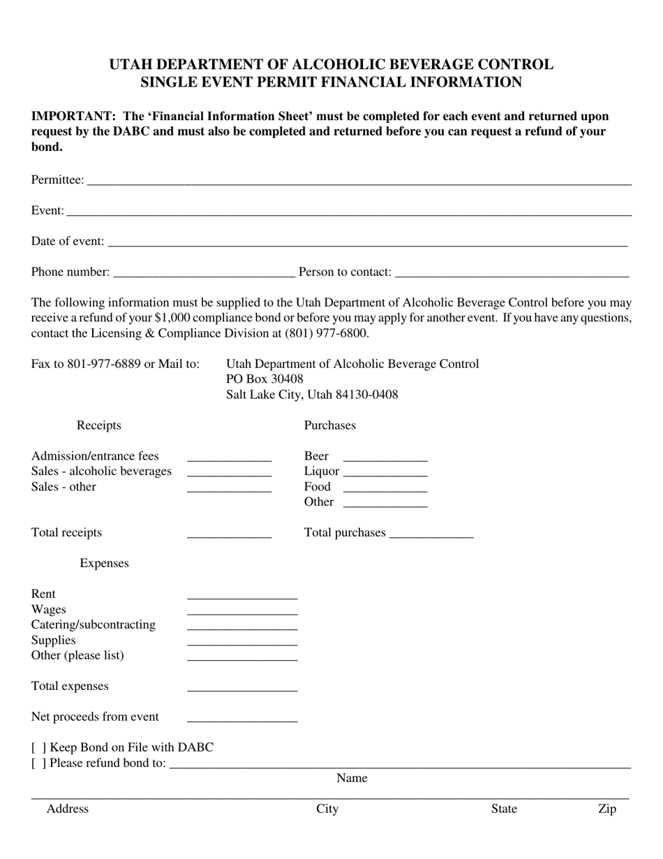 Single Event Permit Financial Information Form - Utah, Page 1