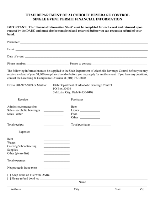 Single Event Permit Financial Information Form - Utah Download Pdf